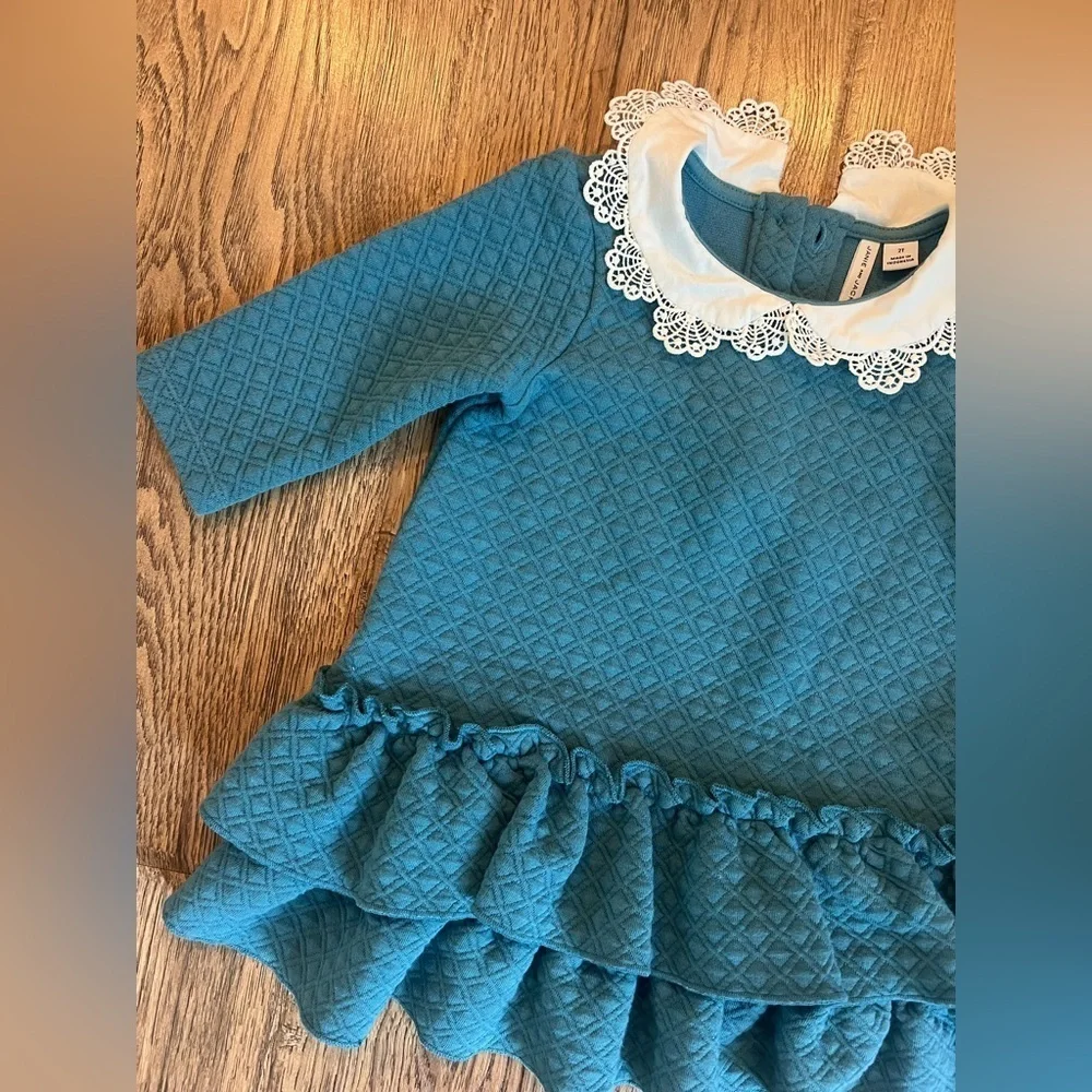 NWOT Janie & Jack Quilted Dress Collared Teal Button 2T